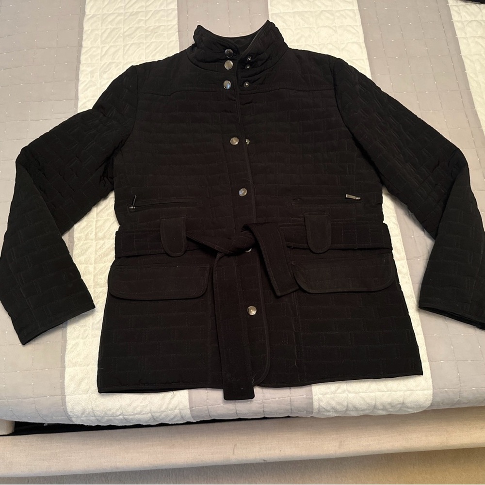 Espirit Black Quilted Jacket with Belt large button up with pockets